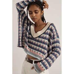 Anthropologie Maeve V-Neck Cropped Sweater Fair Isle Relaxed Whimsical size M